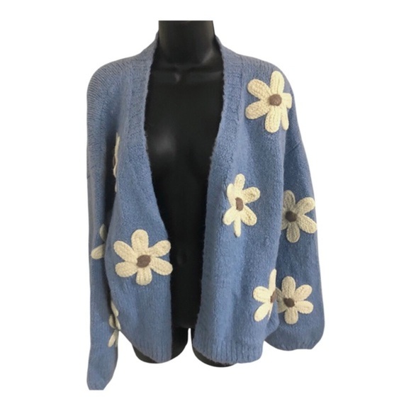 Blue chunky knit white flower floral embroidered open front cardigan sweater - Picture 10 of 17